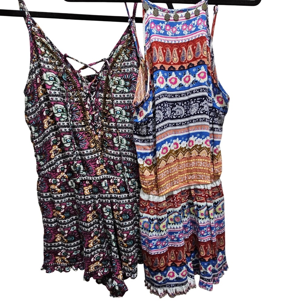 AE Boho Paisley Floral ROMPER 2PK Bundle Womens Small Summer Festival Smocked